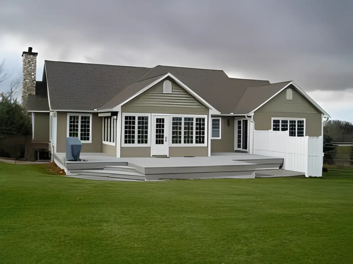 Modern single-story house with large windows and a spacious deck.