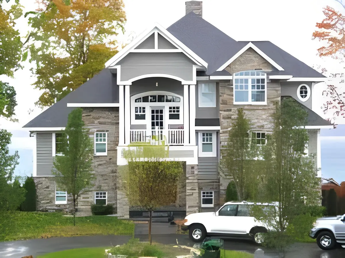 Elegant suburban house with stone facade and white trim.