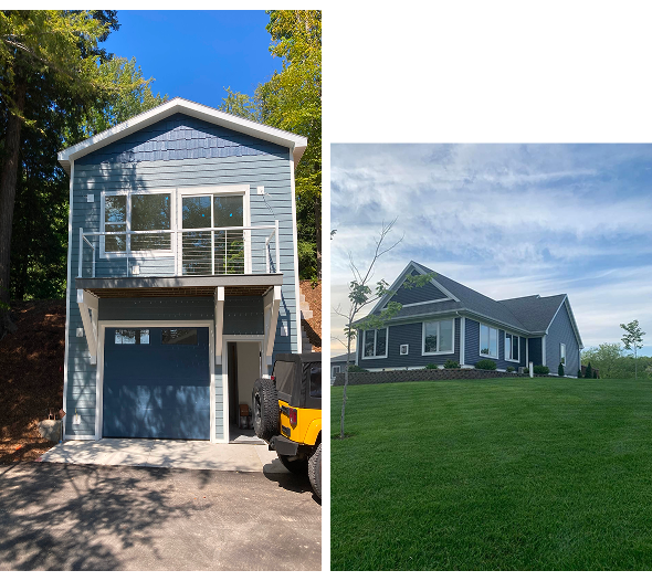 Two houses showcasing different architectural styles and surroundings.