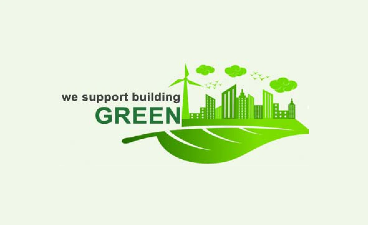 Green building support logo with cityscape.